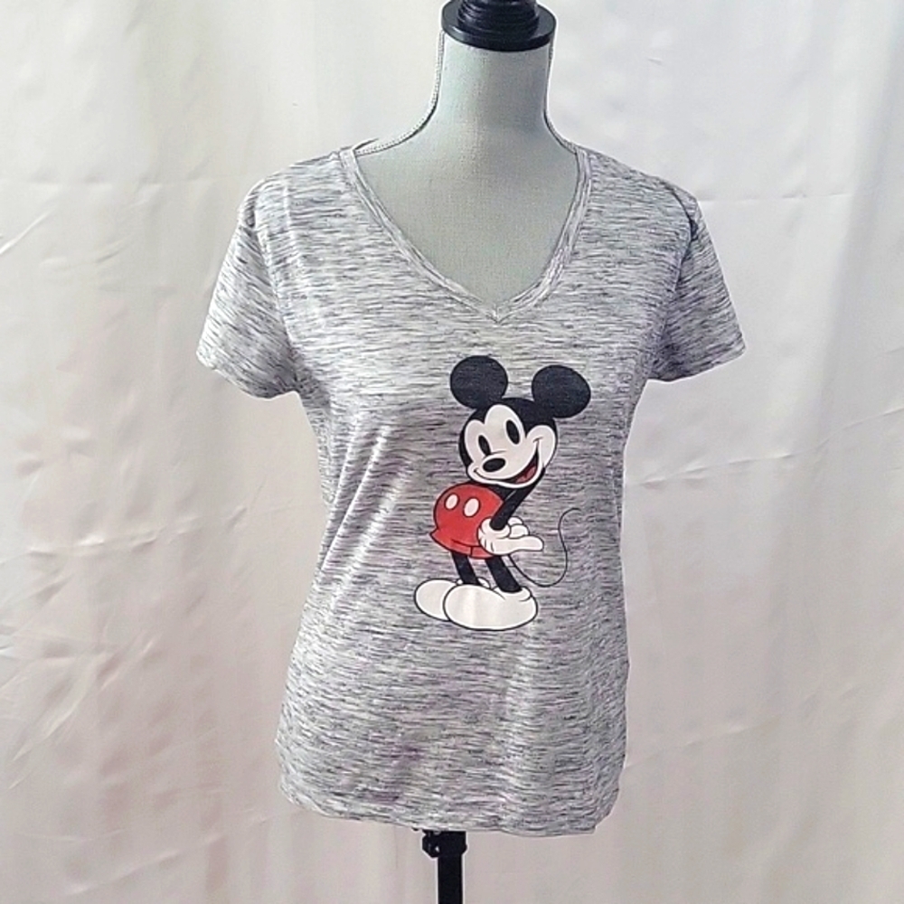 Disney Mickey Mouse Women's Fitted V-neck Gray Short Sleeve T-shirt, Size: M